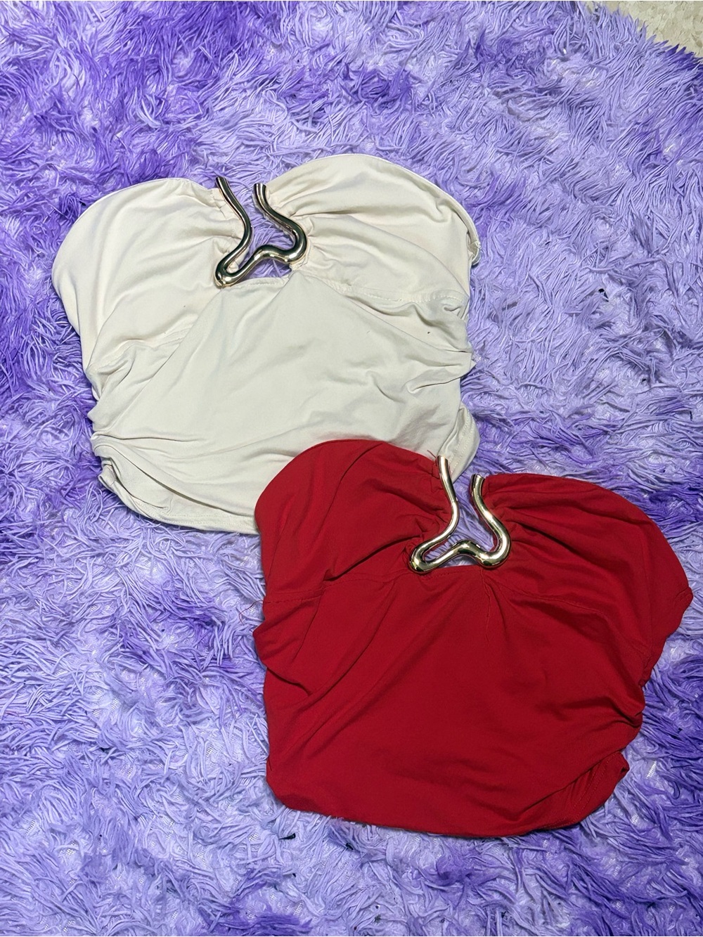SHEIN Red and Cream Strapless Twist-Front Camisole